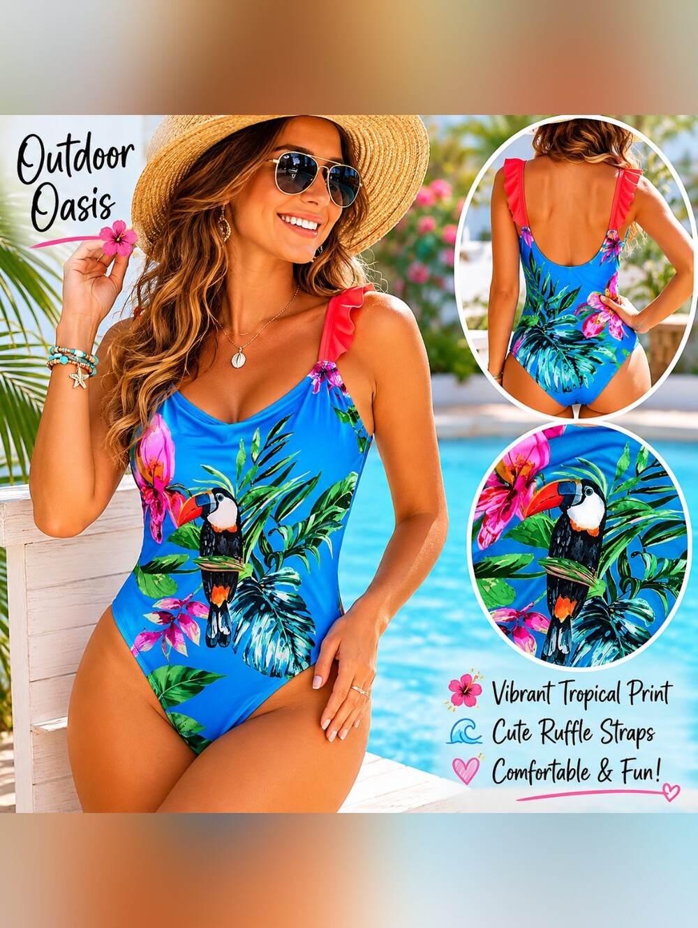 Outdoor Oasis Tropical Toucan One-Piece Swimsuit with Pink Ruffle Straps